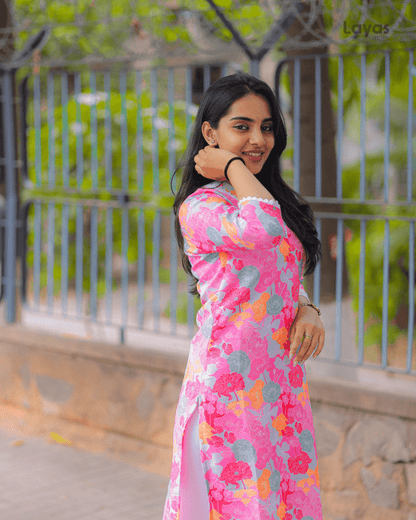 Pink Multicolor Floral Printed Soft Cotton Kurta – Layas Marts