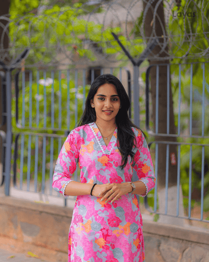 Pink Multicolor Floral Printed Soft Cotton Kurta – Layas Marts