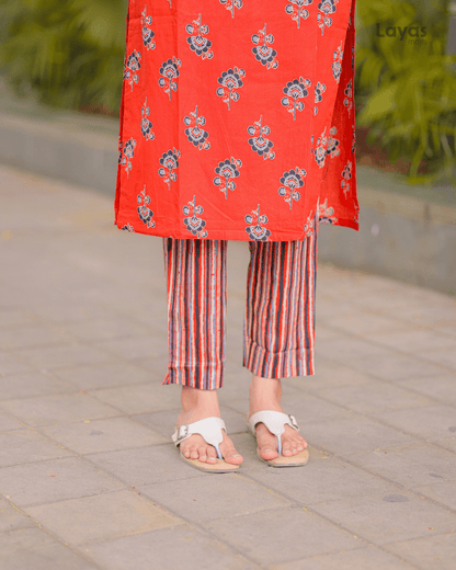 Red Motifs Printed Pure Cotton Straight Kurta with Palazzos & Dupatta