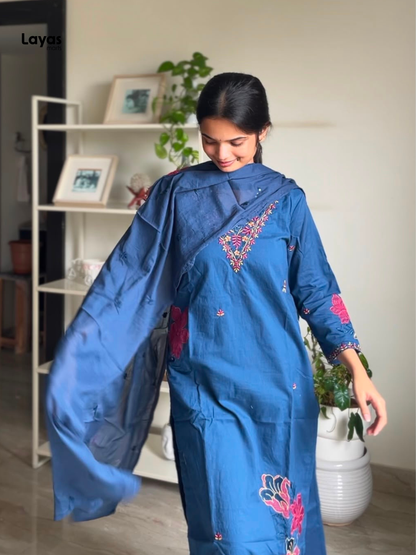 Gulmegh Indigo Blue Floral Embroidered Cotton Kurta Set