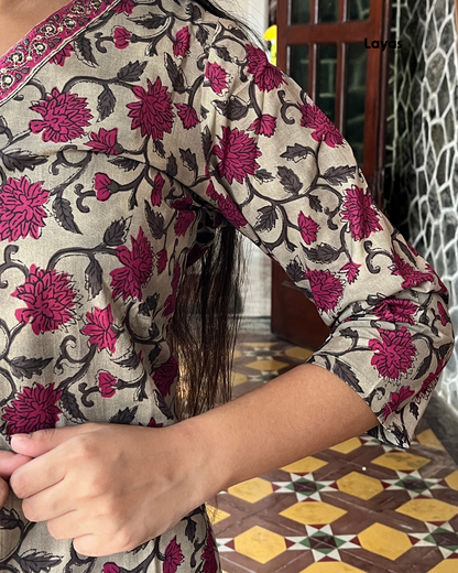 Maroon Floral Printed Cotton Suit Set with Dupatta