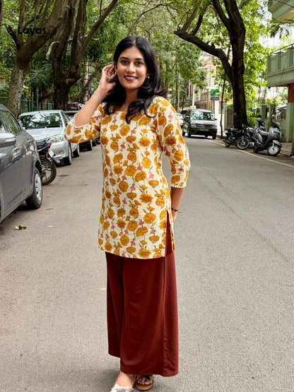 Kusmeya Cream Yellow Floral Corset Short Kurti