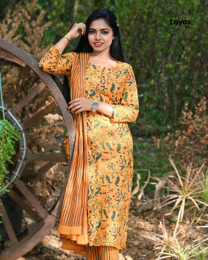 Yellow Floral Printed Cotton Suit Set