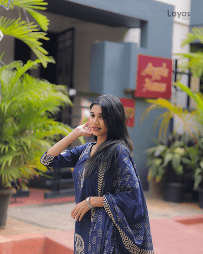 Navy Blue Floral Cotton Kurta  Pant Dupatta Set – Layas Marts
