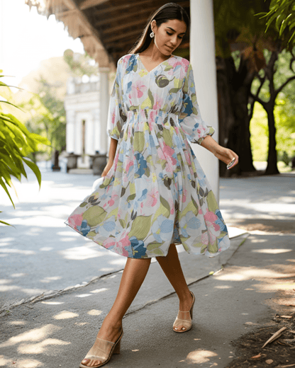Multicolor Floral Georgette Fit & Flare Dress – Layas Marts