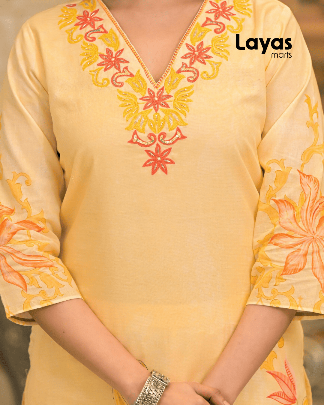 Yellow & Pink Floral Printed Cotton Kurta Set with Dupatta – Layas Marts