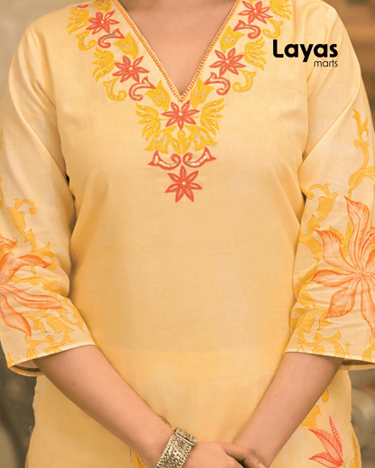 Yellow & Pink Floral Printed Cotton Kurta Set with Dupatta – Layas Marts
