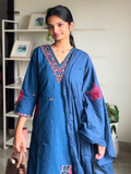 Gulmegh Indigo Blue Floral Embroidered Cotton Kurta Set
