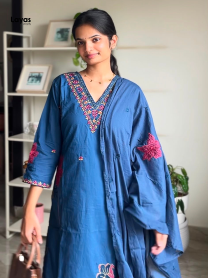 Gulmegh Indigo Blue Floral Embroidered Cotton Kurta Set