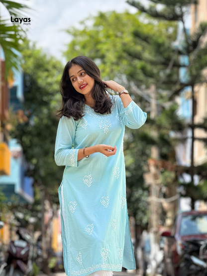 Pashni Powder Blue Cotton Chikankari Kurti