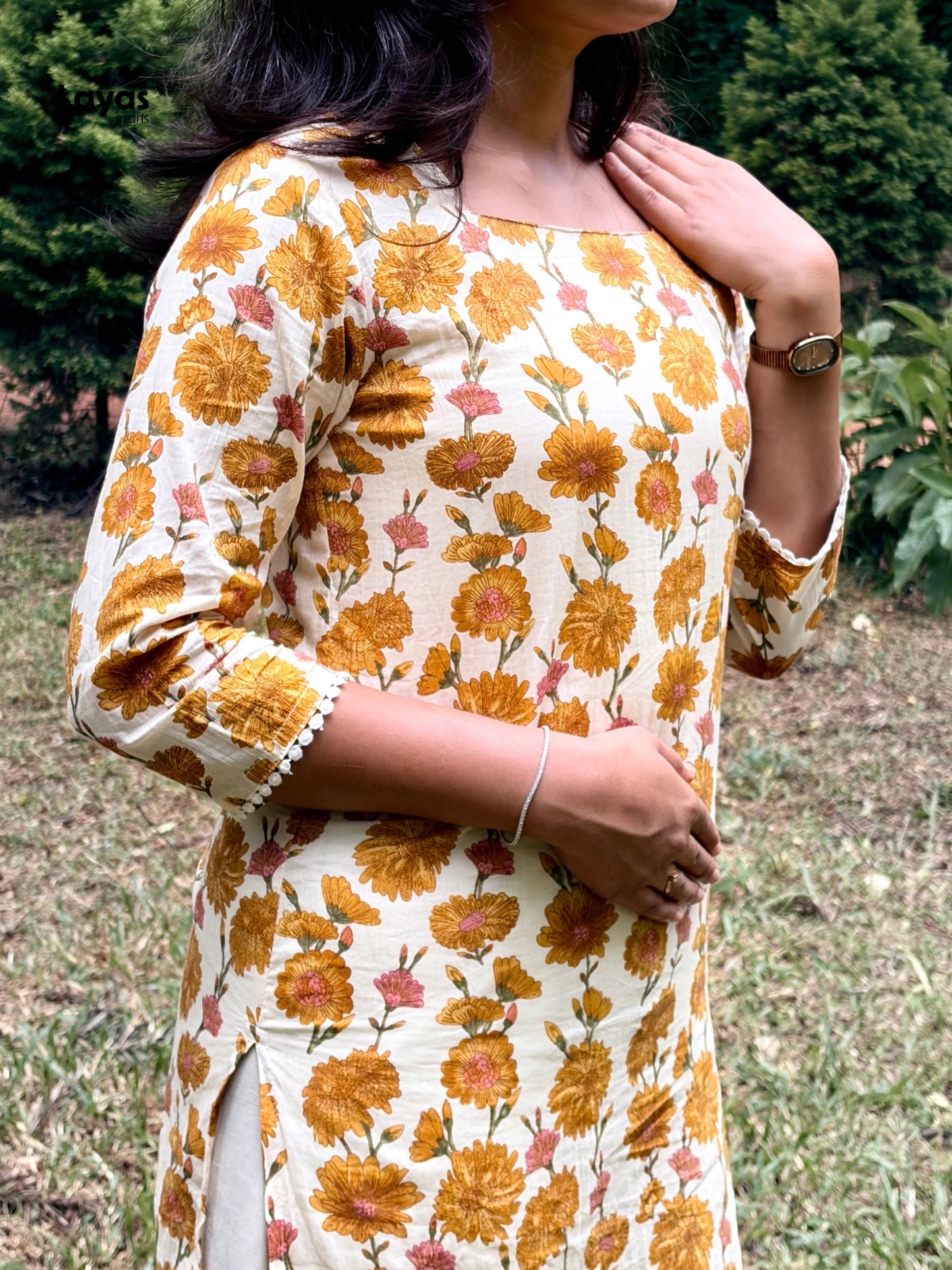 Kusmeya Cream Yellow Floral Corset Short Kurti