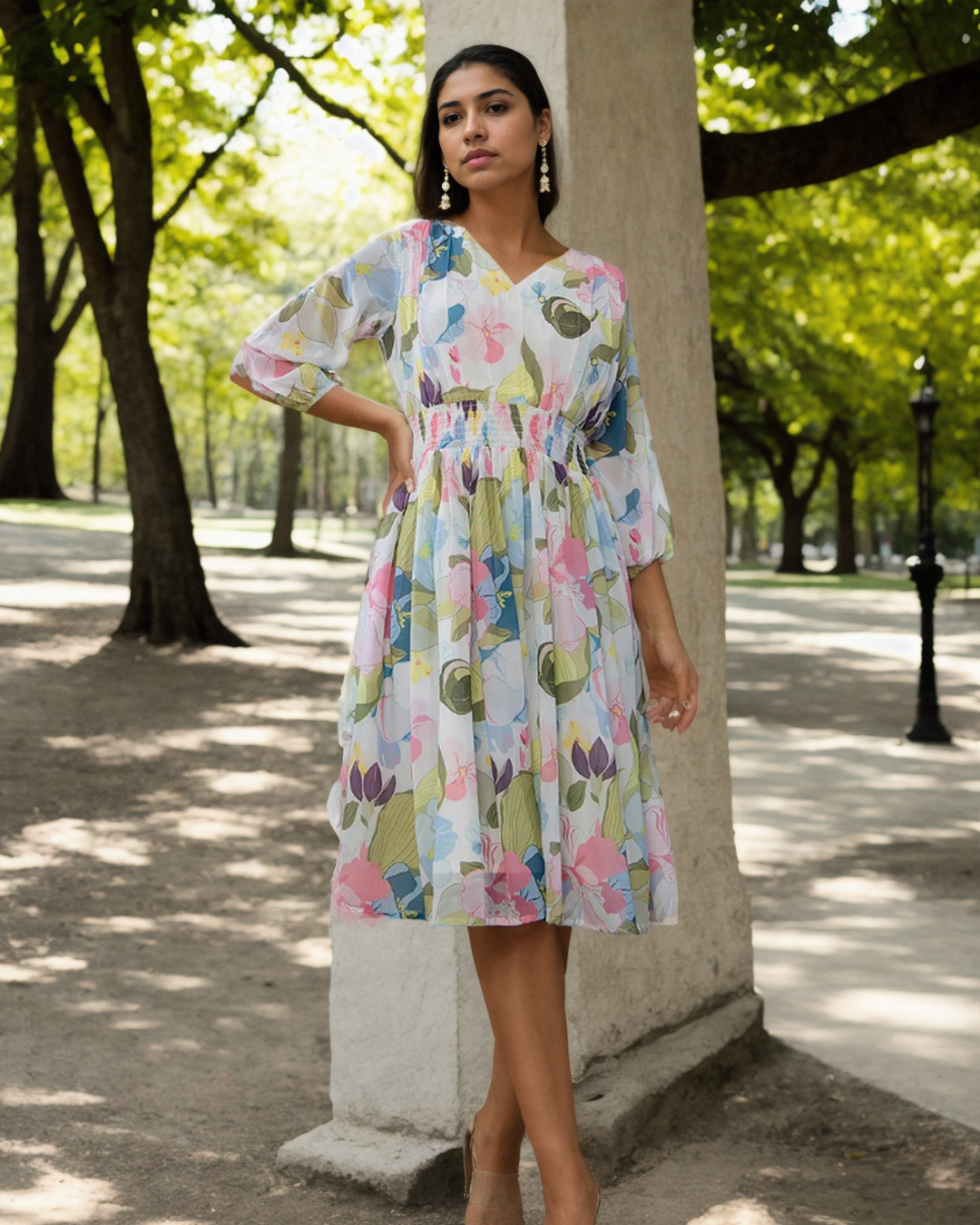 Multicolor Floral Georgette Fit & Flare Dress – Layas Marts
