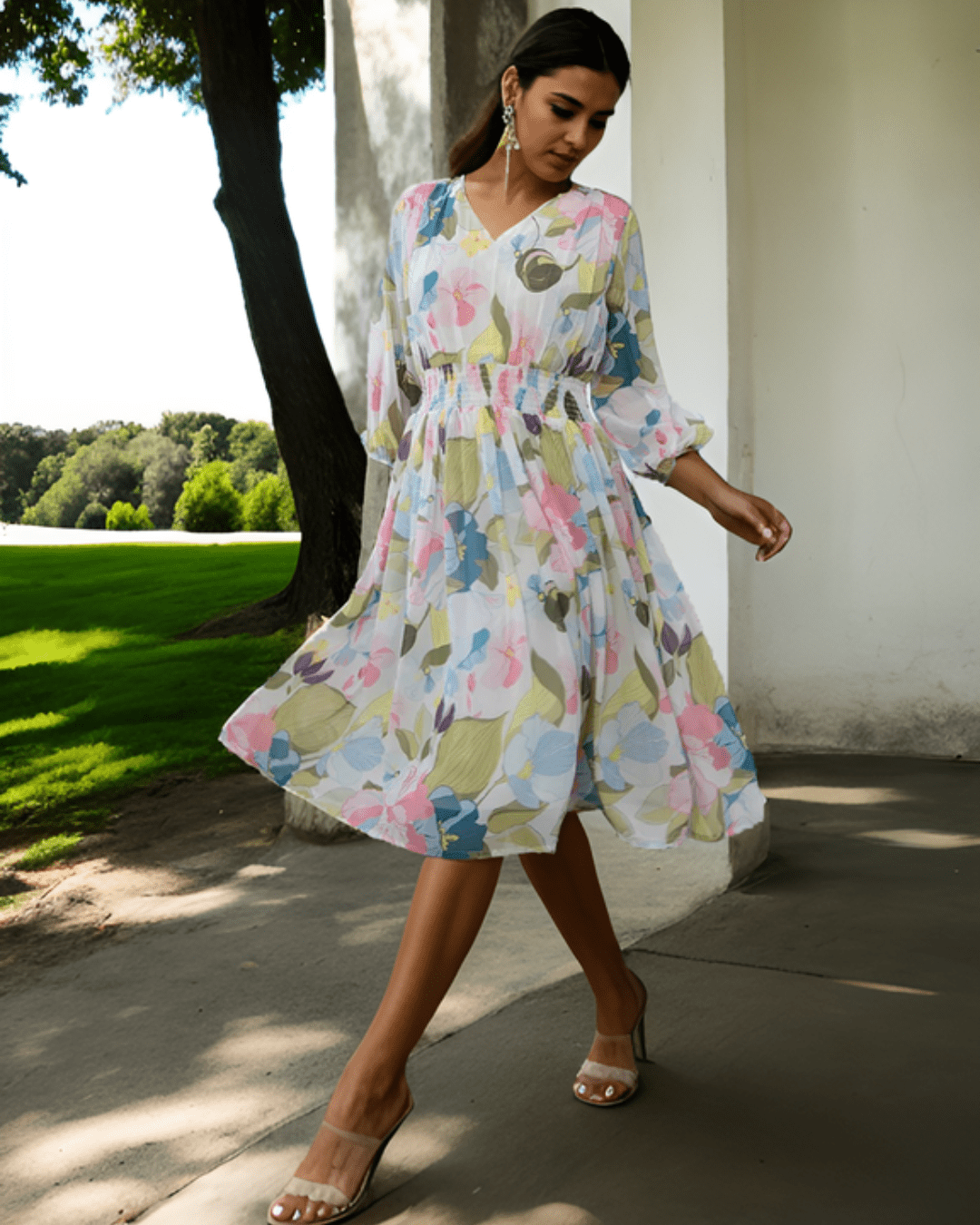 Multicolor Floral Georgette Fit & Flare Dress – Layas Marts