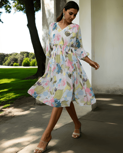 Multicolor Floral Georgette Fit & Flare Dress – Layas Marts