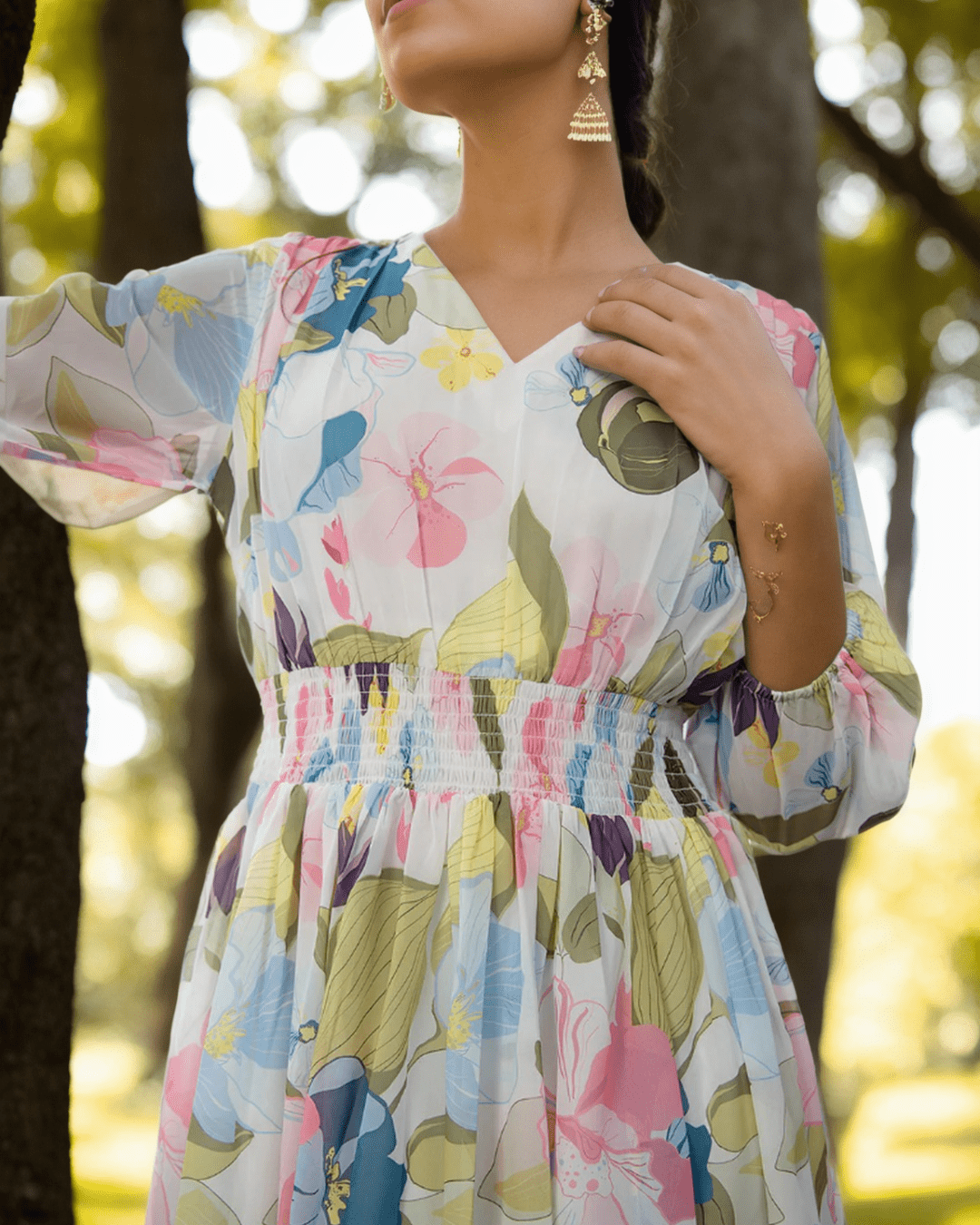 Multicolor Floral Georgette Fit & Flare Dress – Layas Marts