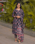 Black Motifs Printed Pure Cotton Straight Kurta with Palazzos & Dupatta
