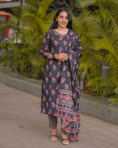 Black Motifs Printed Pure Cotton Straight Kurta with Palazzos & Dupatta