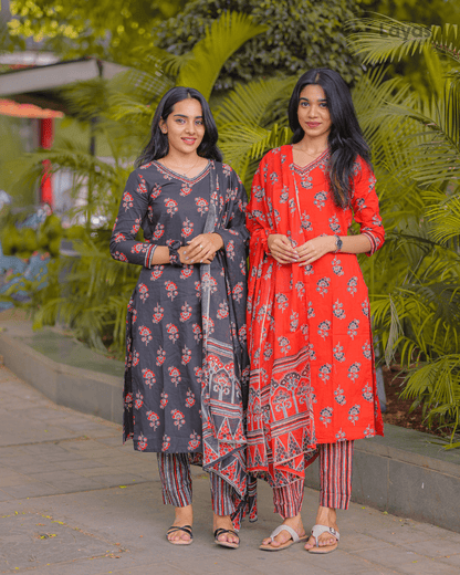 Black Motifs Printed Pure Cotton Straight Kurta with Palazzos & Dupatta