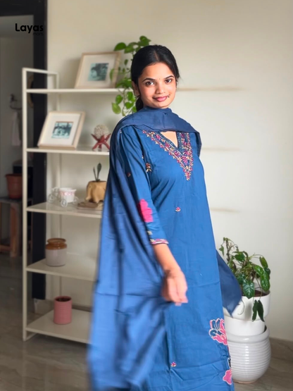 Gulmegh Indigo Blue Floral Embroidered Cotton Kurta Set