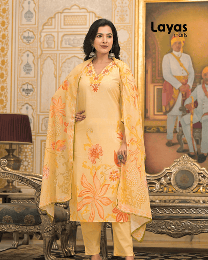 Yellow & Pink Floral Printed Cotton Kurta Set with Dupatta – Layas Marts
