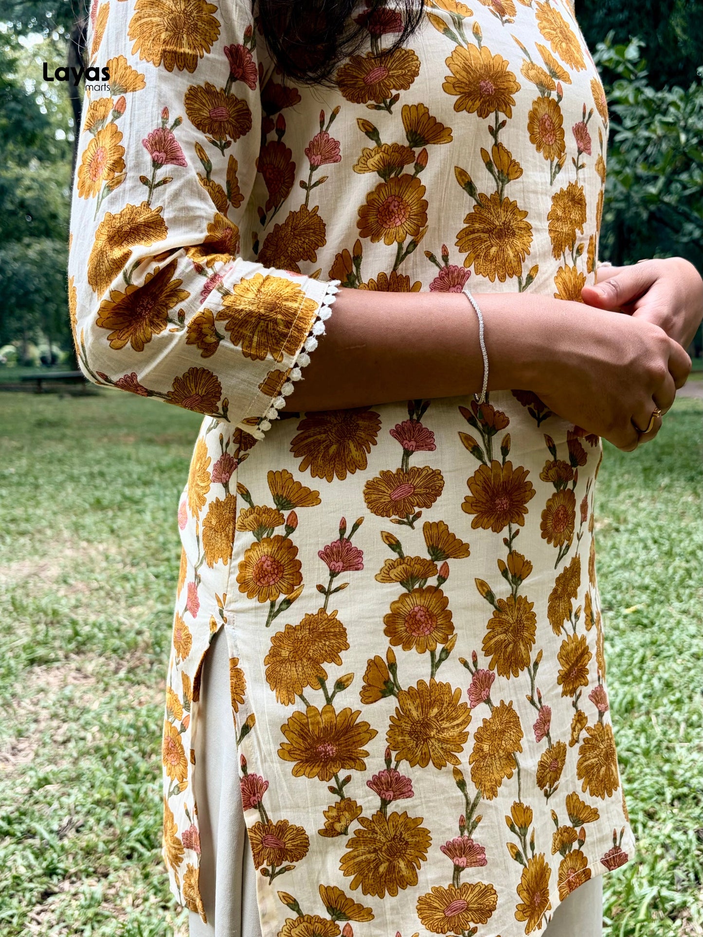 Kusmeya Cream Yellow Floral Corset Short Kurti