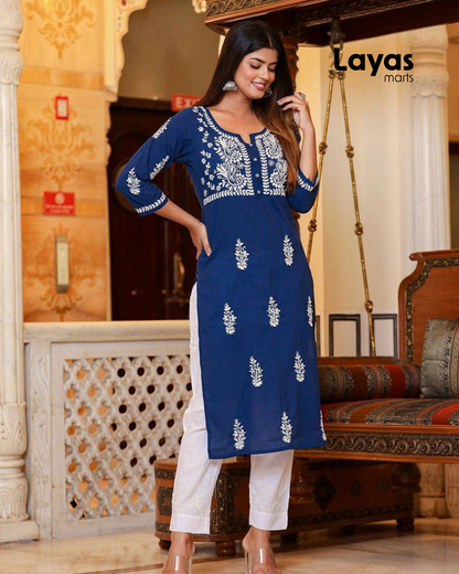 Navy Blue Lucknow Chikankari Kurta Pant Set With Dupatta (Set of 3)