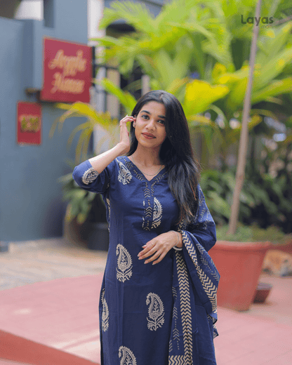 Navy Blue Floral Cotton Kurta  Pant Dupatta Set – Layas Marts