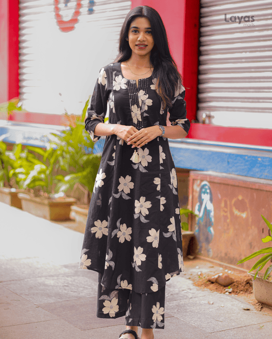 Black Floral Printed Cotton Suit Set with Sweetheart Neck