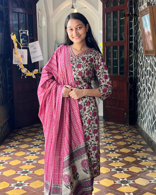 Maroon Floral Printed Cotton Suit Set with Dupatta