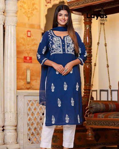 Navy Blue Lucknow Chikankari Kurta Pant Set With Dupatta (Set of 3)