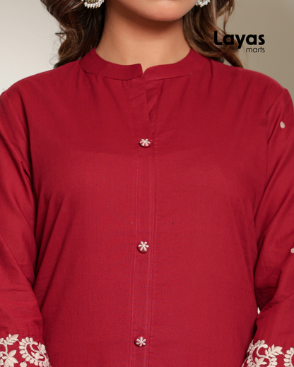 Red Chikankari Style Embroidered A-Line Kurta with Pant – Pure Cotton Set