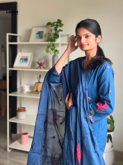 Gulmegh Indigo Blue Floral Embroidered Cotton Kurta Set