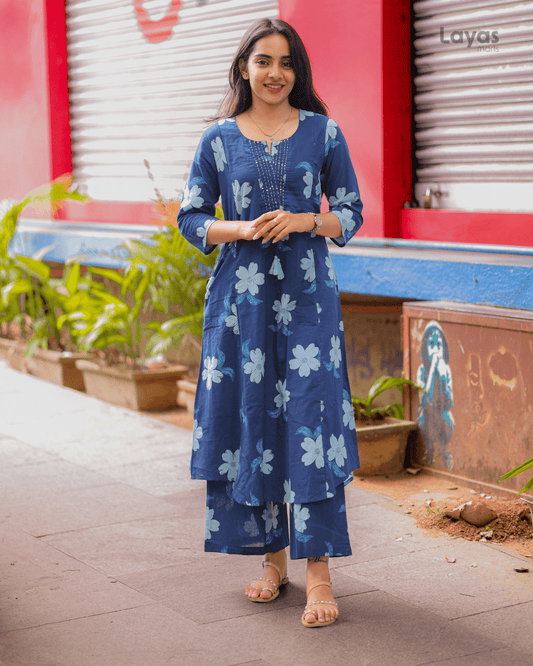 Blue Floral Printed Cotton Suit Set with Sweetheart Neck