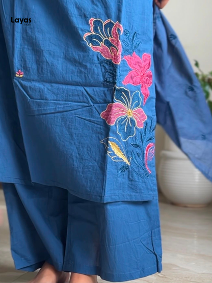 Gulmegh Indigo Blue Floral Embroidered Cotton Kurta Set