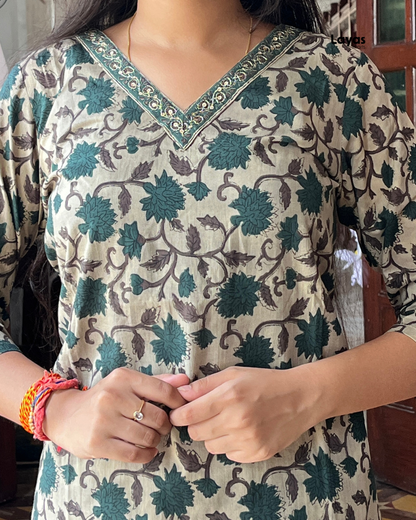 Green Floral Printed Cotton Suit Set with Dupatta