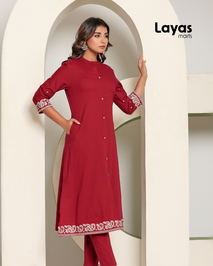 Red Chikankari Style Embroidered A-Line Kurta with Pant – Pure Cotton Set