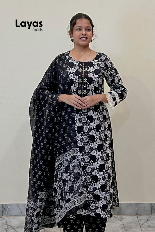 Amaira Black Floral Embroidered Cotton Kurta Set with Dupatta