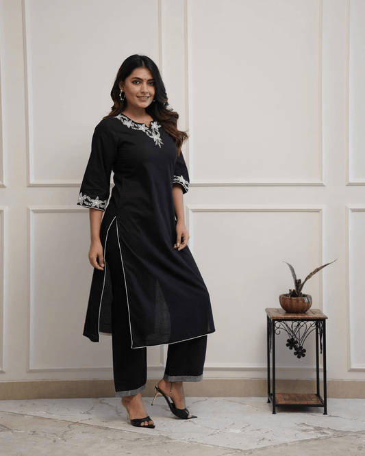 Black Floral Embroidered Kurti with Palazzo -Layas Marts