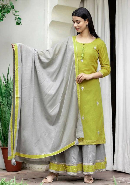 Green Grey Embroidery Kurta Sharara Set With Dupatta  (pack of 3) - Kaajh - #tag4#