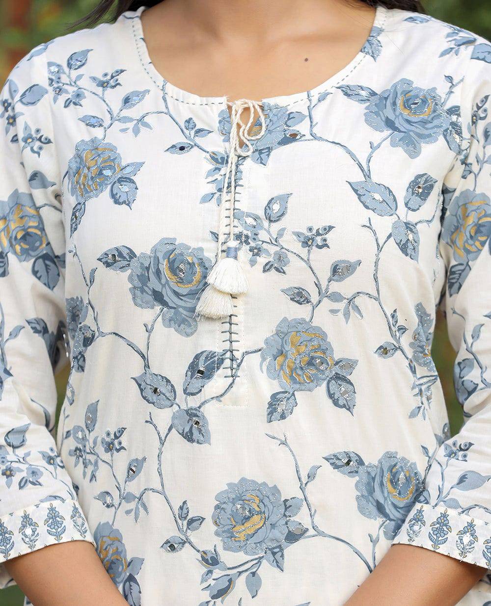 Grey Floral Print Cotton Kurta Pant Set (Set of 2) 