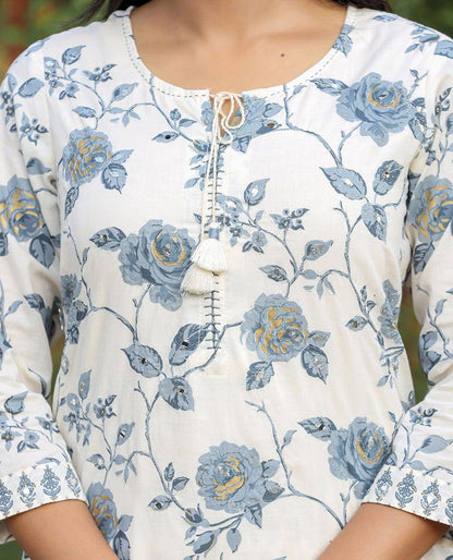 Grey Floral Print Cotton Kurta Pant Set (Set of 2) 