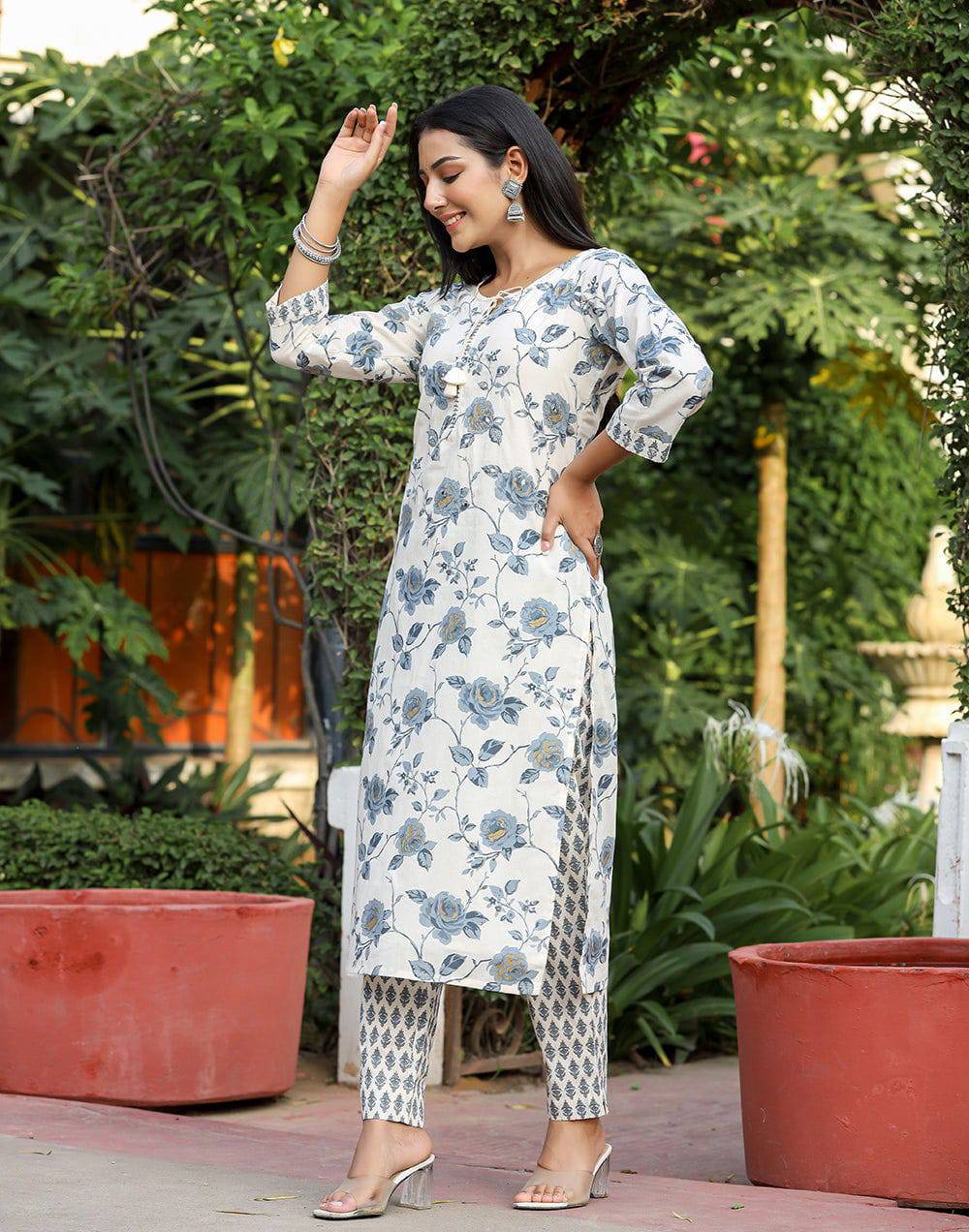 Grey Floral Print Cotton Kurta Pant Set (Set of 2) - Layas Marts