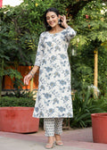 Grey Floral Print Cotton Kurta Pant Set (Set of 2) -Layas Marts