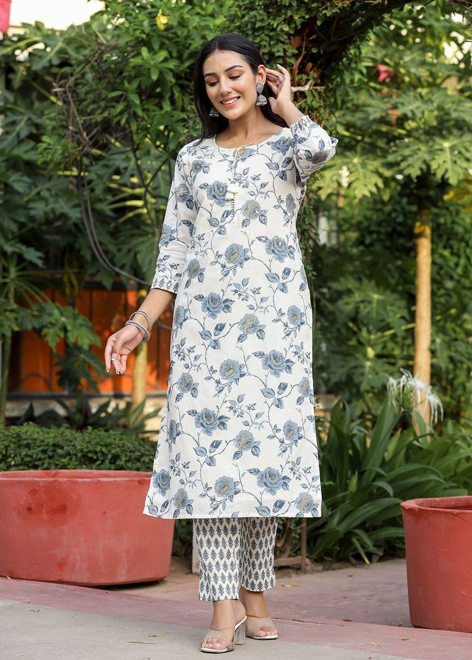Grey Floral Print Cotton Kurta Pant Set (Set of 2) -Layas Marts