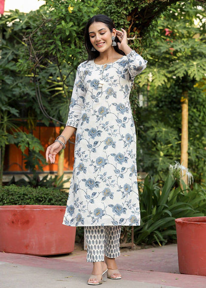 Grey Floral Print Cotton Kurta Pant Set (Set of 2) -Layas Marts