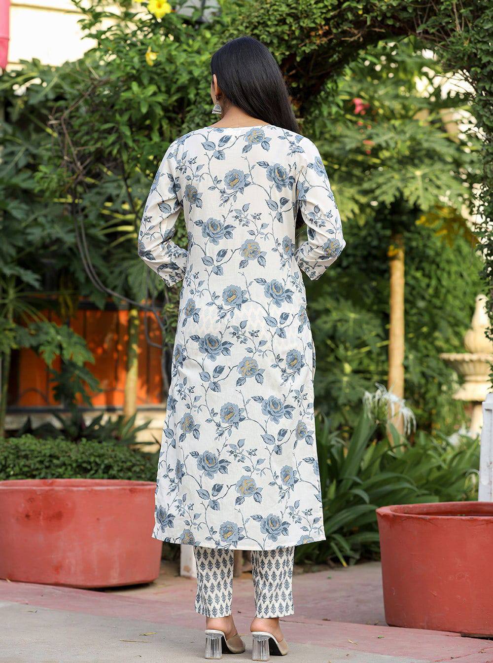 Grey Floral Print Cotton Kurta Pant Set (Set of 2) _Layas Marts