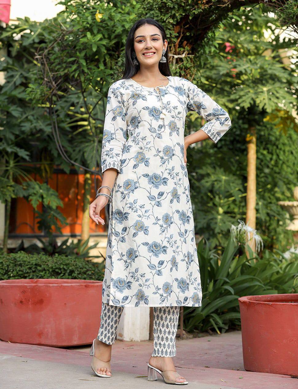 Grey Floral Print Cotton Kurta Pant Set (Set of 2) - Layas Marts