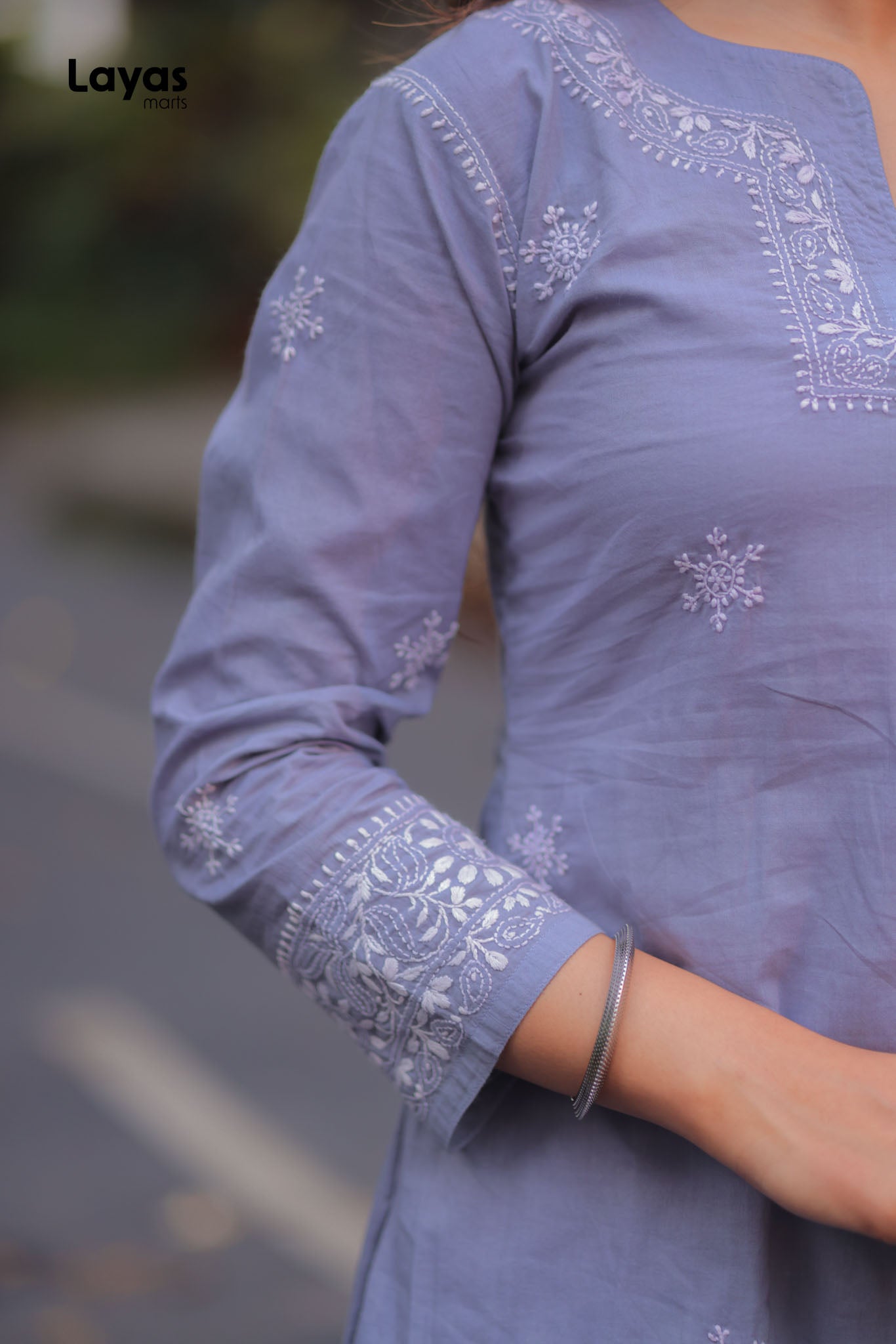 Grey Chikankari cotton top styled from Layas Marts