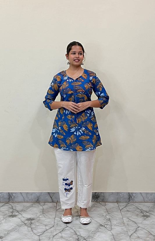 Blue Cotton Printed Tunic with White Embroidered Pants – Layas Marts