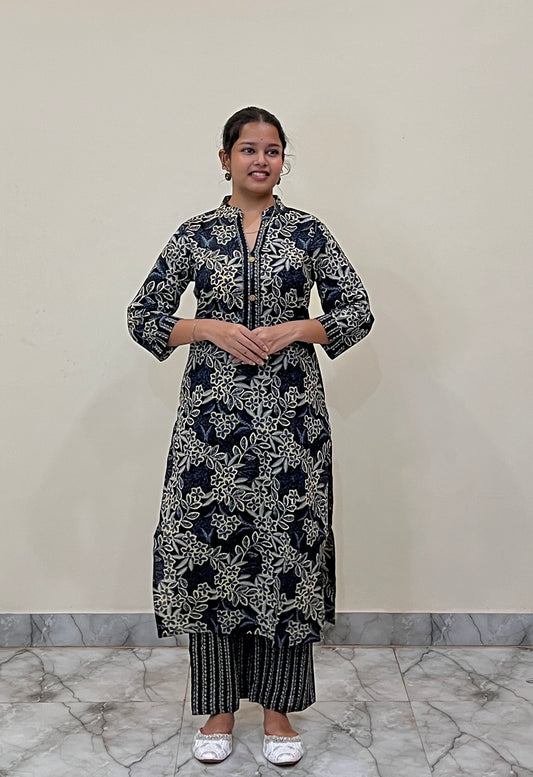 Noor Black Floral Cotton Kurta Pant Set-Layas Marts